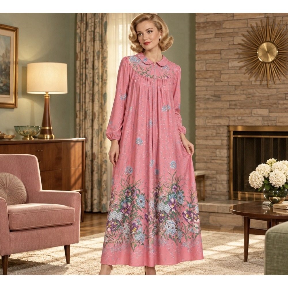 Vintage 60s 70s Elaine Skyler House Dress Large Pink Floral Maxi Zip Front